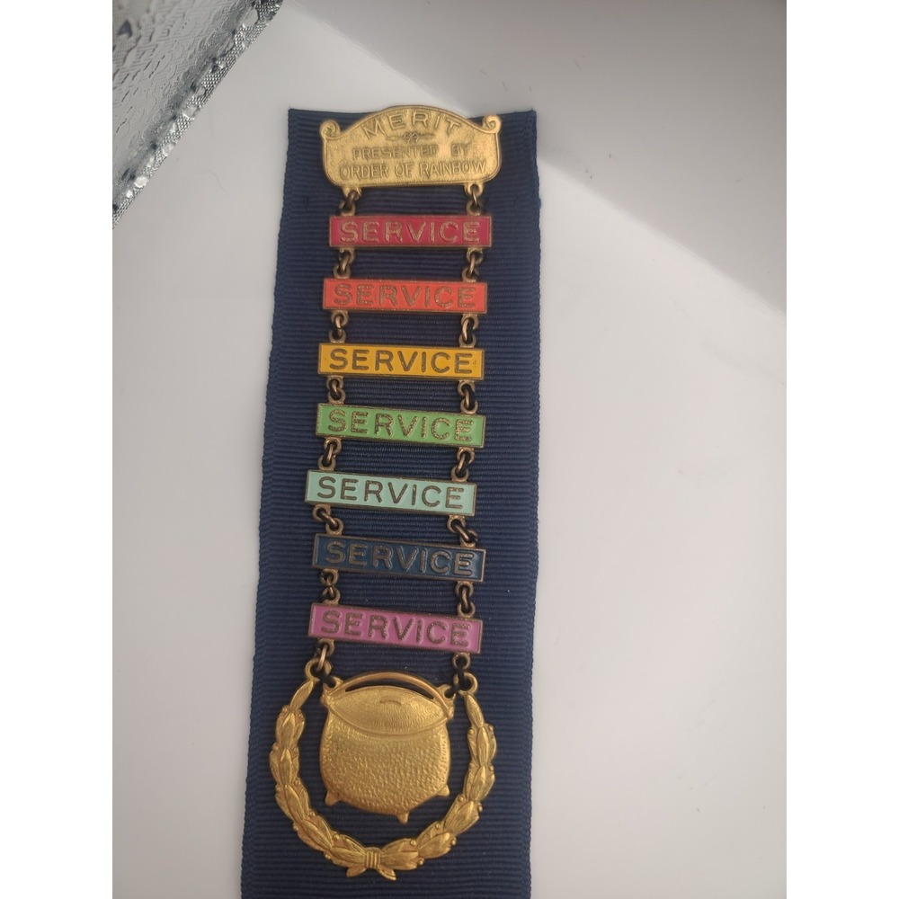 Vintage Masonic Order Rainbow Girls Merit Enamel Bar Pin Cross Color Pot Of Gold - Picture 2 of 5
